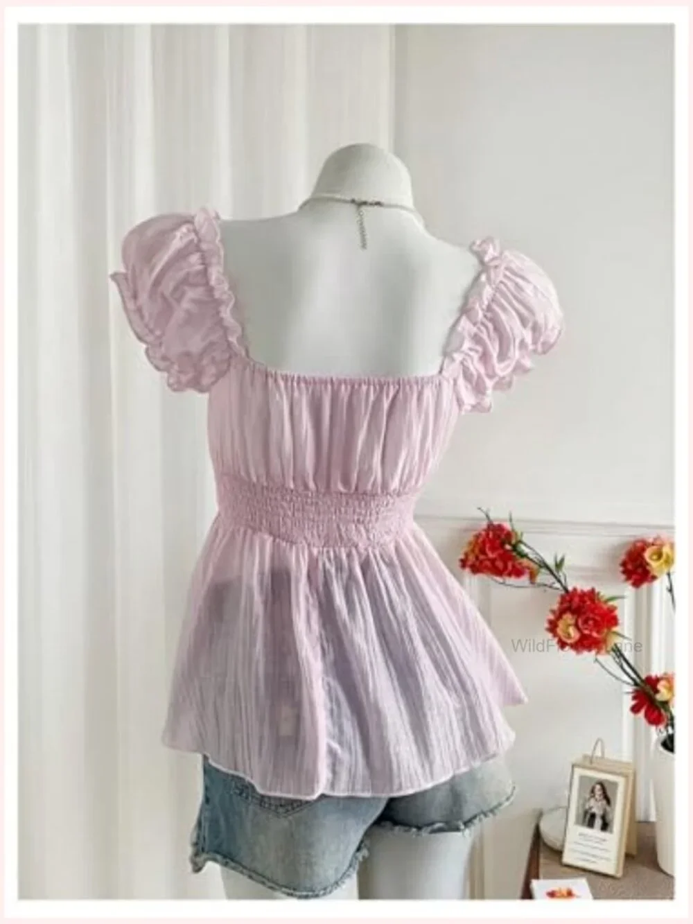 Women's Summer Puff Sleeve Peplum Blouse Tie Bow Chiffon Top - Picture 3 of 5